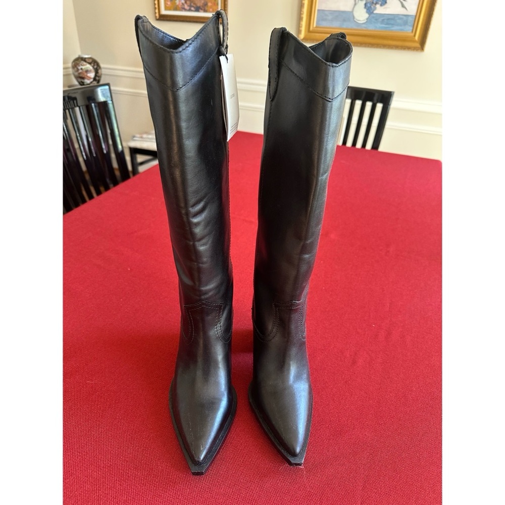Mango Black Leather Western Knee-High Heeled Boots, NWT, 7.5 - Picture 5 of 13